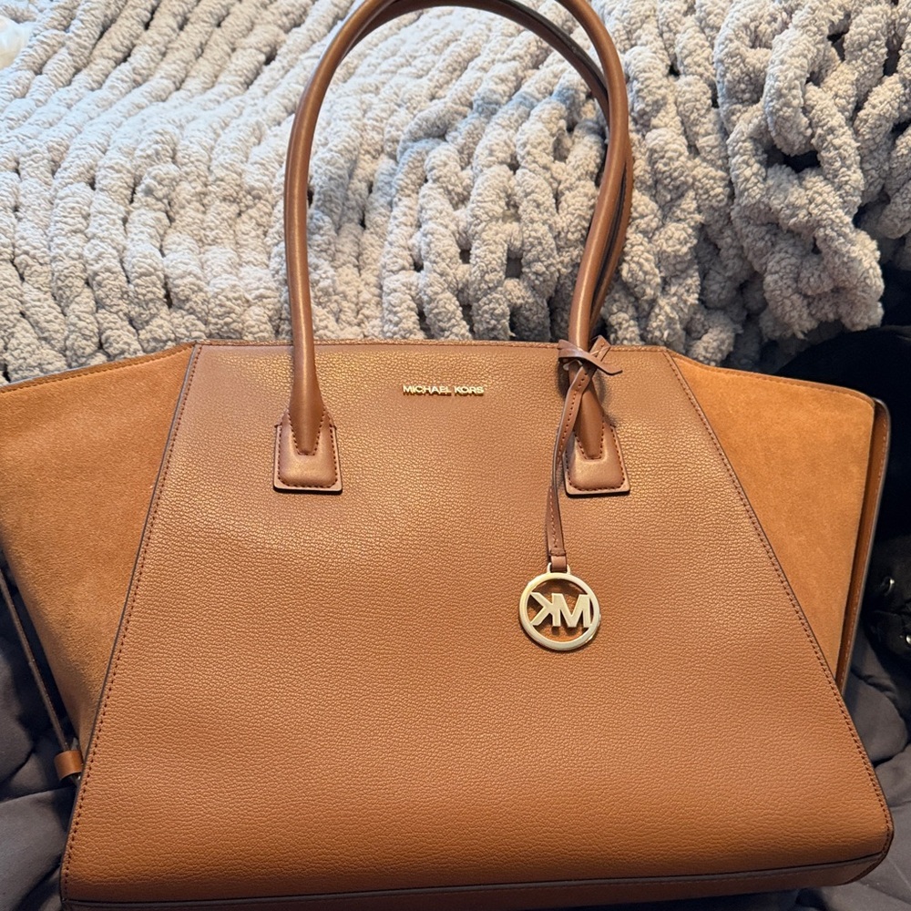 Michael Kors Cognac Leather and Suede Tote with Gold Logo Charm
